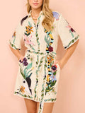 Whimsical Botanical Print Collared Button Front Tie Waist Mini Shirt Dress