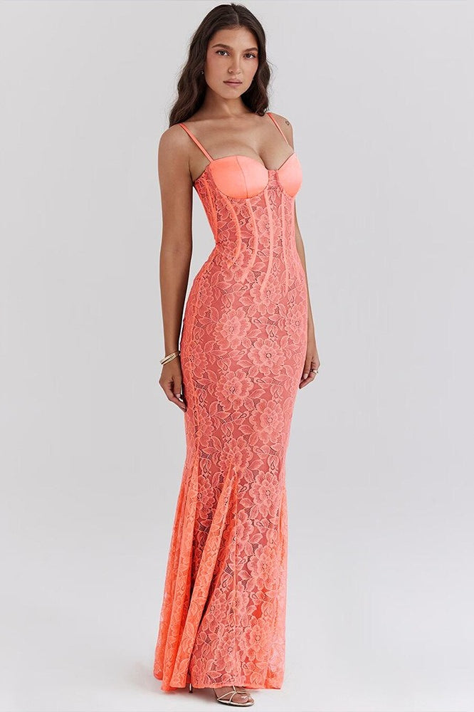 Lace Floral Corset Spaghetti Strap Mermaid Maxi Gown