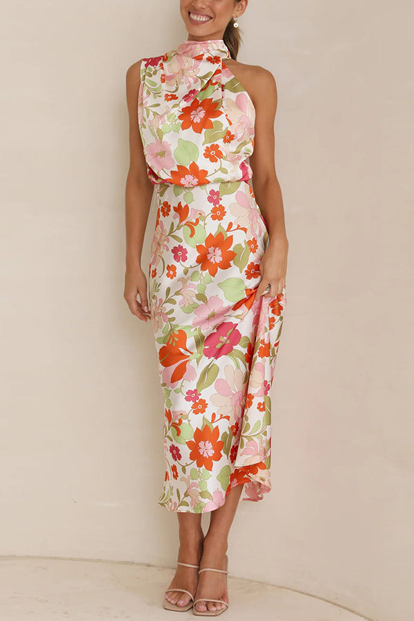 Cowl Neck Sleeveless Floral Print Satin Bias Cut Midi Dress