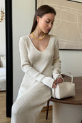 V-Neck Long Sleeve Knit Sweater Dress