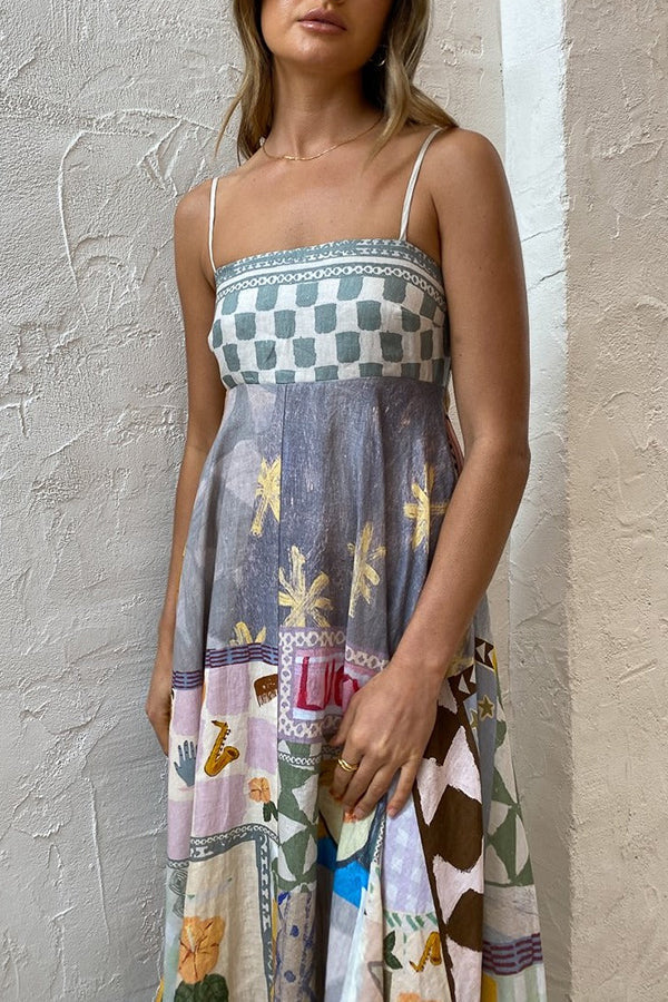 Gingham Trim Patchwork Graphic Print Square Neck Spaghetti Strap Maxi Dress