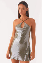 Sequin Cowl Neck Halter Ring Detail Backless Bodycon Mini Dress
