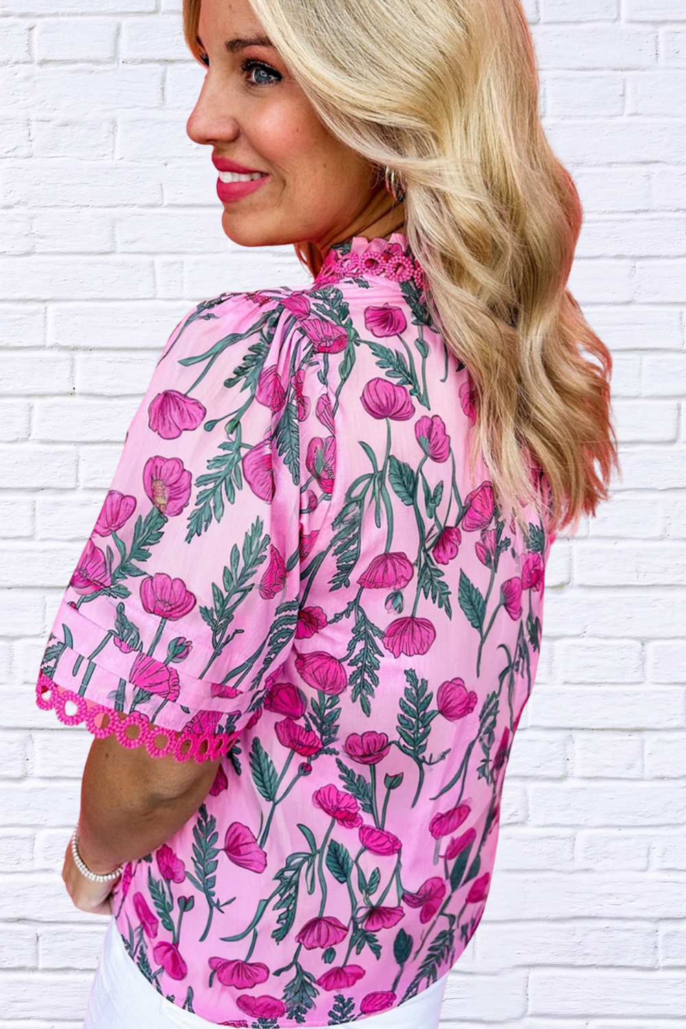 Floral Notched Short Sleeve Blouse _ Pink Bloom
