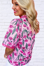 Floral Notched Short Sleeve Blouse _ Pink Bloom