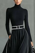 Stylish Color-blocked Trim High-neck Long-sleeved Casual Pockets Maxi Dress