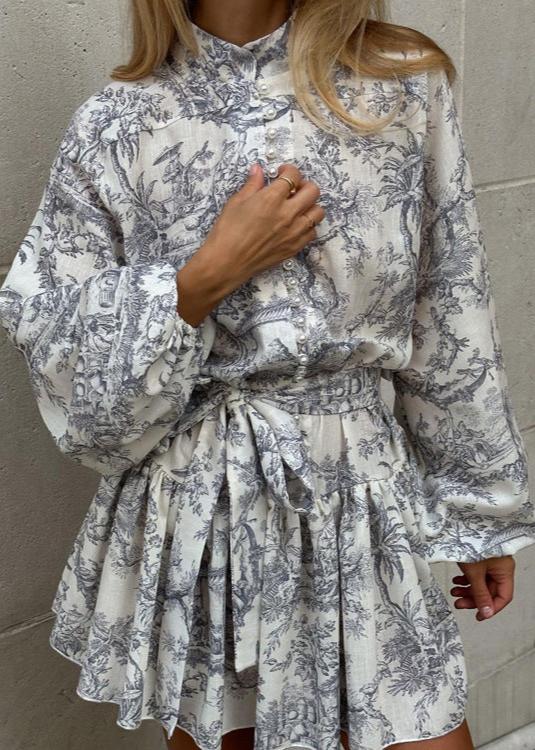 Mock Neck Puff Sleeve Toile Print Button Front Tie Waist Mini Dress
