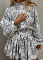 Mock Neck Puff Sleeve Toile Print Button Front Tie Waist Mini Dress