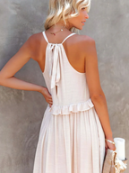 High Neck Smocked Halter Sleeveless Tiered Ruffle Maxi Dress