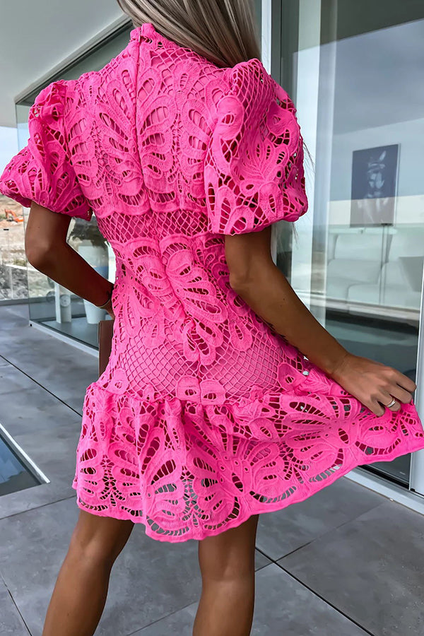 Crochet Lace Mock Neck Puff Sleeve Ruffle Hem Mini Dress