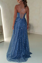 Glitter Cowl Neck Corset Bodice Spaghetti Strap Pleated High Split Pocketed Maxi Gown