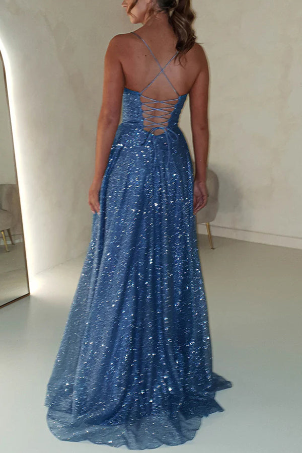 Glitter Cowl Neck Corset Bodice Spaghetti Strap Pleated High Split Pocketed Maxi Gown
