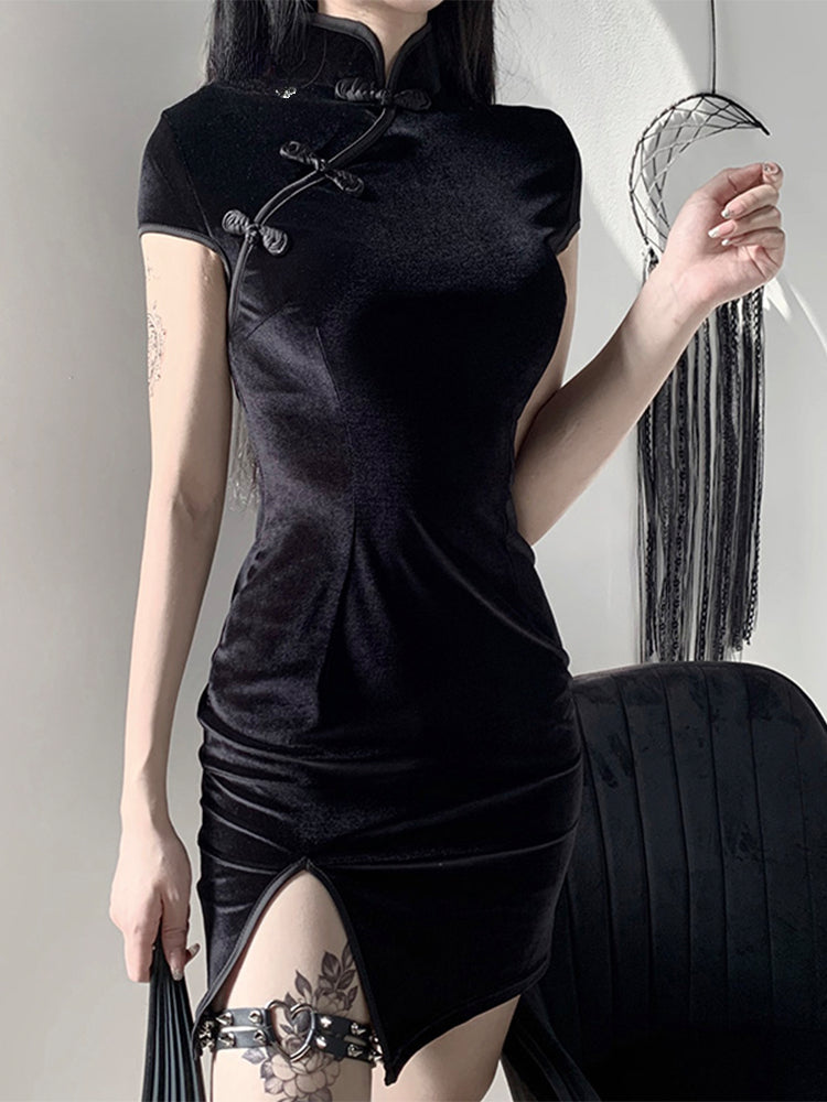 Velvet Mandarin Collar Frog Button High Split Cheongsam Bodycon Mini Dress
