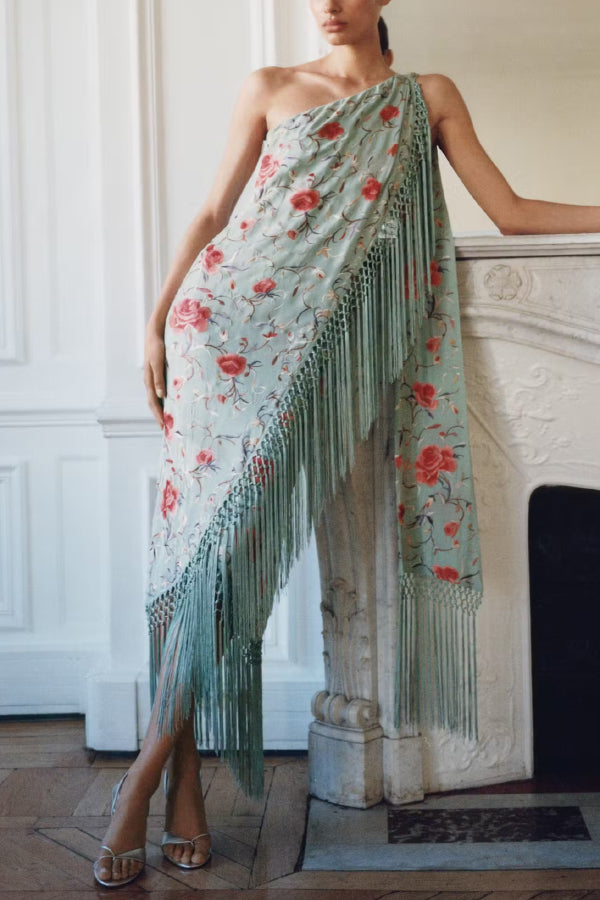 Floral Print Halter Neck Sleeveless Elegant Tassel Maxi Dress