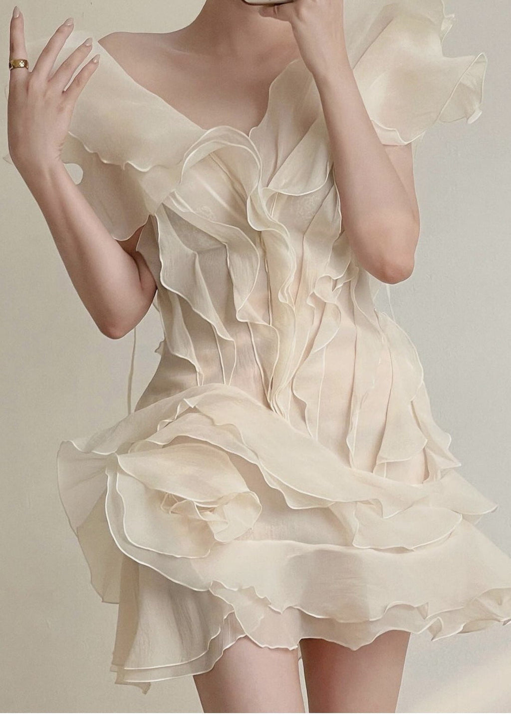 Organza Tiered Ruffle Lettuce Edge V Neck Mini Dress