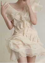 Organza Tiered Ruffle Lettuce Edge V Neck Mini Dress