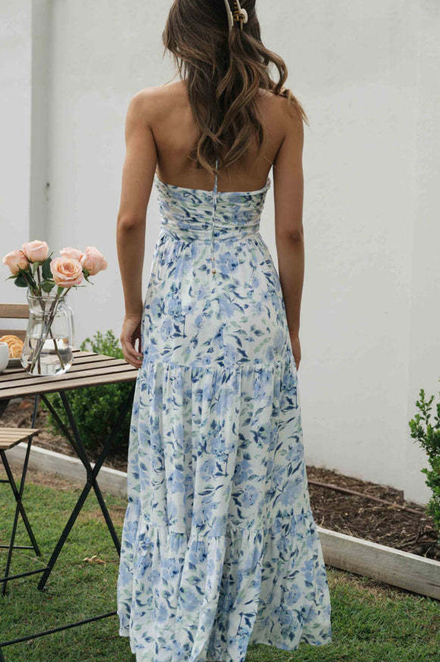Floral Print Halter Deep V-Neck Tiered Ruffle Maxi Dress
