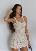 Crochet Pearl Trim Scoop Neck Wide Strap Bodycon Mini Dress