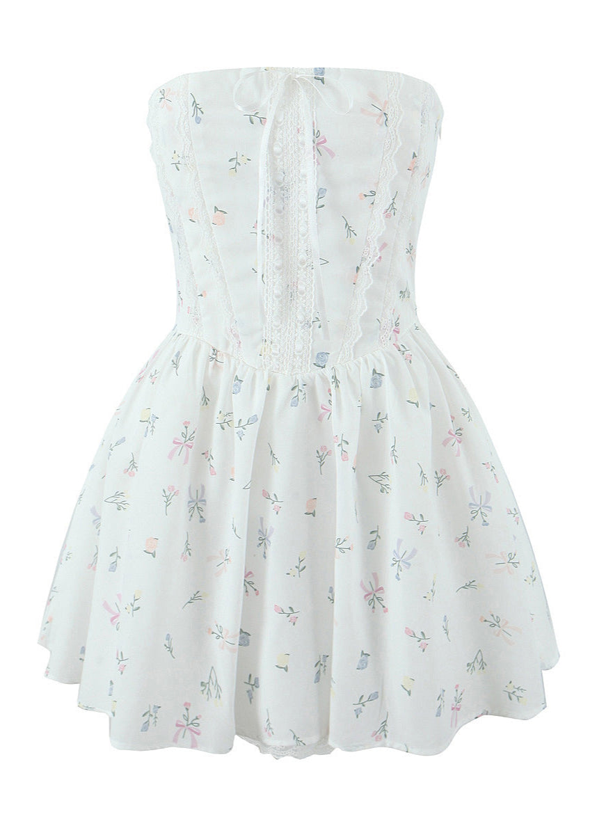 Floral Print Strapless Corset Lace Up Puff Skirt Mini Dress
