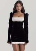 Velvet Square Neck Puff Sleeve Smocked Bust Button Front Pleated Hem Mini Dress
