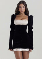 Velvet Square Neck Puff Sleeve Smocked Bust Button Front Pleated Hem Mini Dress