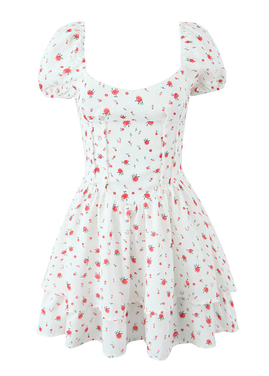 Ditsy Floral Print Puff Sleeve Sweetheart Corset Bodice Tiered Ruffle Mini Dress