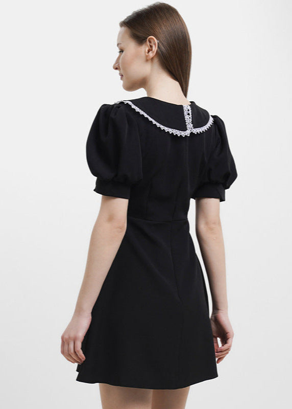 Peter Pan Collar Lace Trim Puff Sleeve Rhinestone Button A-Line Mini Dress