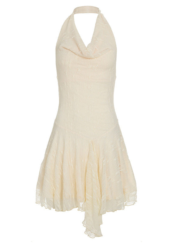 Textured Halter Neck Cowl Neck Backless Asymmetric Hem Mini Dress