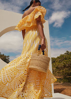 Off Shoulder Eyelet Lace Smocked Tiered Ruffle Maxi Dress