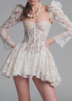 Floral Lace Corset Sweetheart Puff Sleeve Fit and Flare Mini Dress