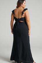 Deep V-Neck Ruffle Strap Thigh Slit Floor Length Maxi Dress