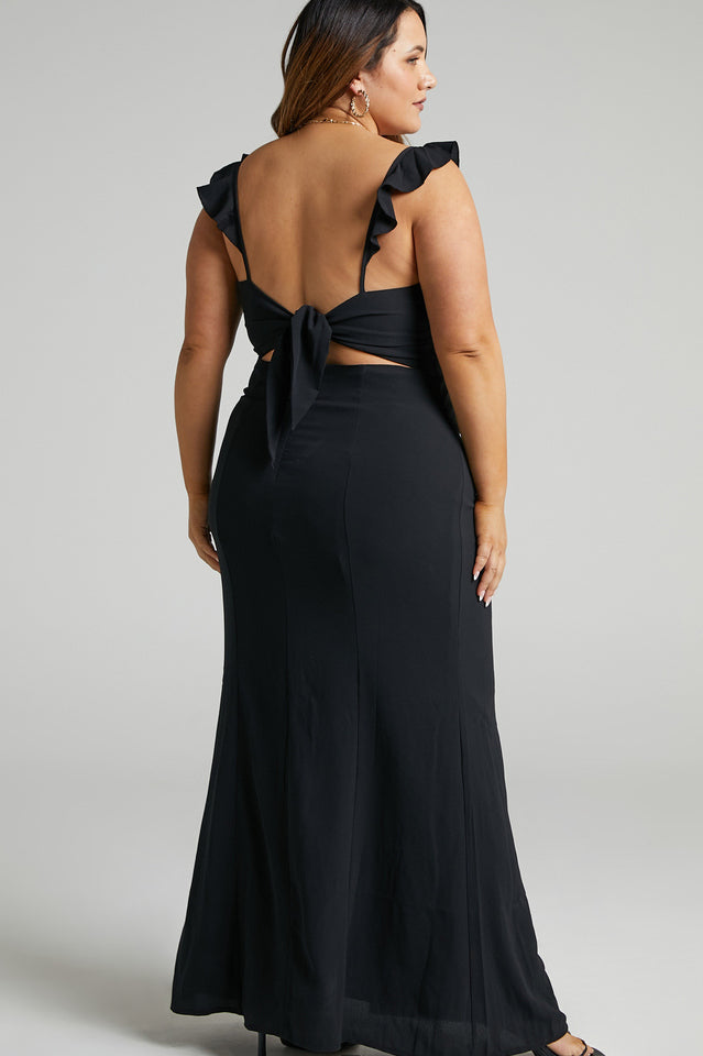 Deep V-Neck Ruffle Strap Thigh Slit Floor Length Maxi Dress