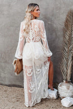 Lace Floral Embroidery Deep V-Neck Bishop Sleeve High Split Sheer Maxi Dress