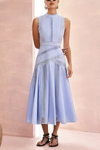 Mock Neck Scalloped Lace Insert Paneled Flared Midi Dress