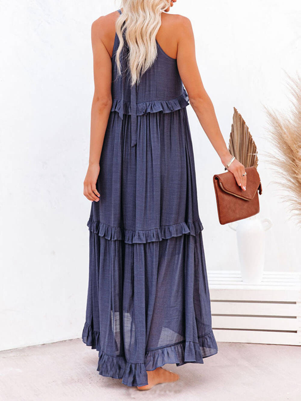Tiered Ruffle Trim Sleeveless Halter Neck Maxi Dress