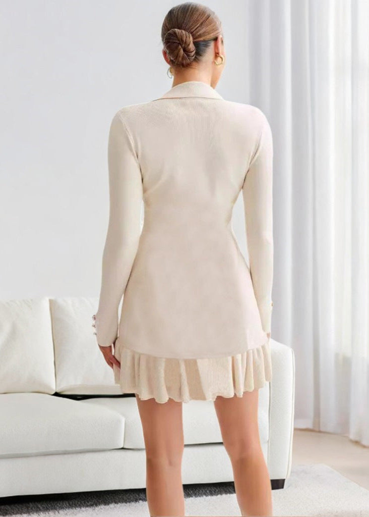 Polo Collar Contrast Trim Button Front Ruffle Hem Knit Mini Dress