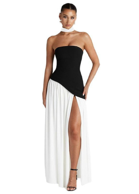 Strapless Asymmetrical Bodice Choker Sash High Slit Maxi Gown