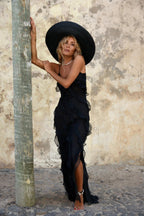 Spaghetti Strap V-Neck Tiered Ruffle High Slit Maxi Dress