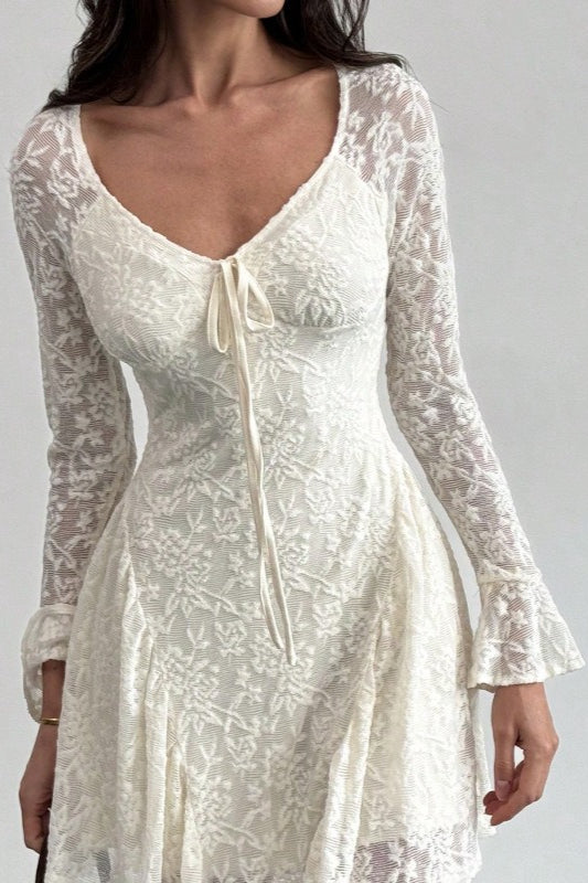 Sweetheart Neck Tie Front Floral Lace Long Bell Sleeve Side Slit Mini Dress
