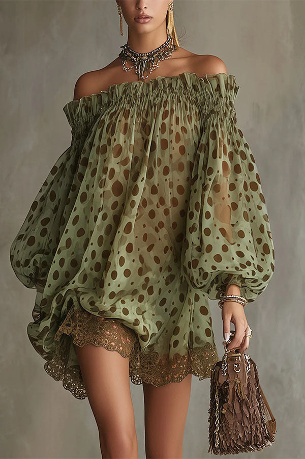 Ethereal Off-The-Shoulder Polka Dot Sheer Mini Dress