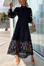 Francisca Premium Romantic, Sensual and Party Midi Dress with Crochet Lace and Lantern Sleeves Chic Silhouette Collection