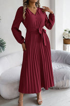 Deep V-Neck Bishop Sleeve Button Front Pleated Belted Midi Dress
