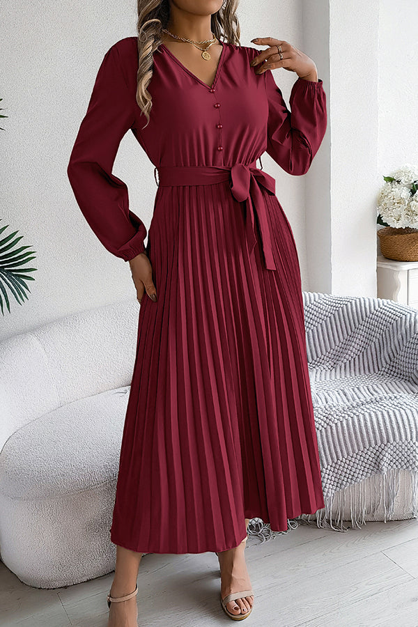 Deep V-Neck Bishop Sleeve Button Front Pleated Belted Midi Dress