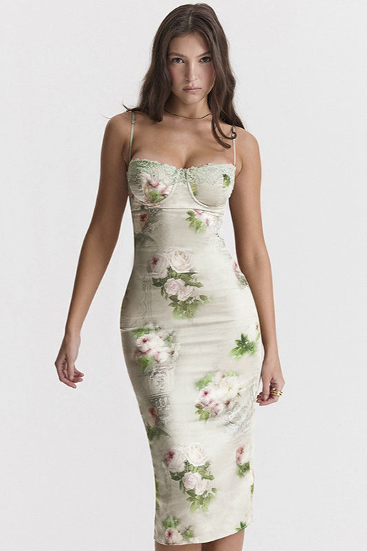 Floral Print Lace Trim Spaghetti Strap Bustier Bodycon Midi Dress