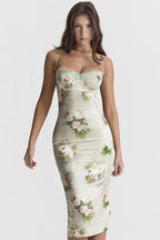 Floral Print Lace Trim Spaghetti Strap Bustier Bodycon Midi Dress