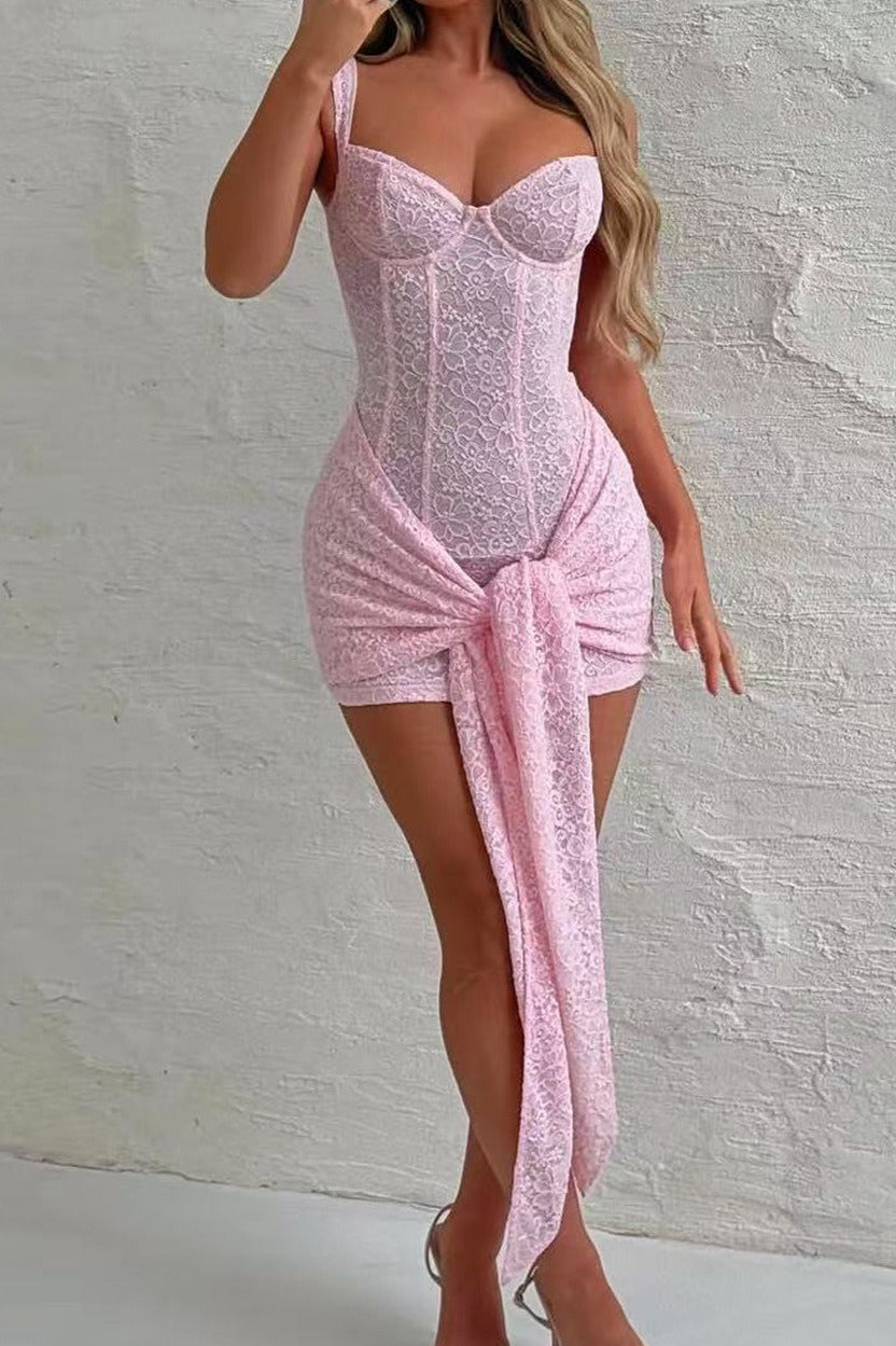 Lace Corset Sweetheart Wide Strap Waist Tie Wrap Mini Dress