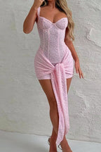 Lace Corset Sweetheart Wide Strap Waist Tie Wrap Mini Dress