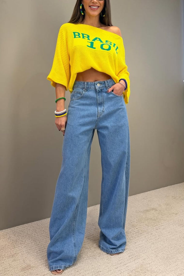 World Cup Letter Jacquard Loose-fitting Sloping Shoulders Cropped Knit Top