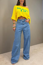 World Cup Letter Jacquard Loose-fitting Sloping Shoulders Cropped Knit Top