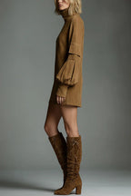 Stylish Suede High-Neck Long-Sleeved Casual Pocket Mini Dress