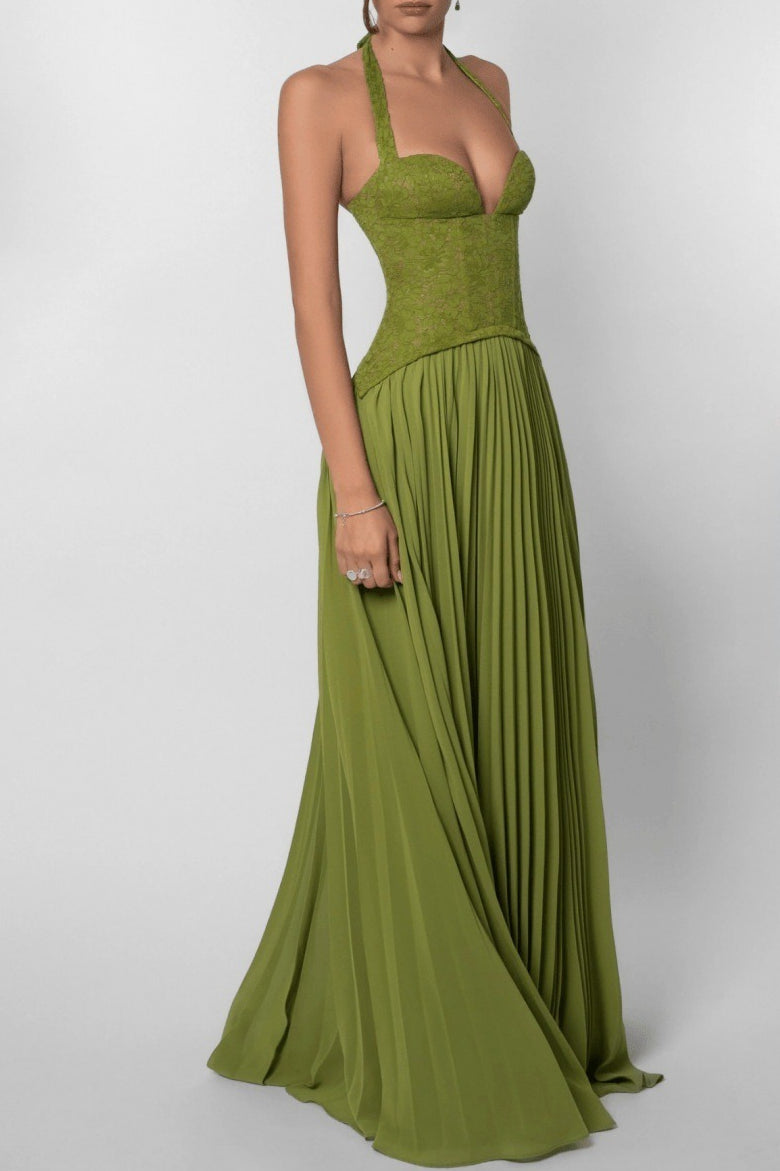 Halter Deep V Neck Lace Bodice Accordion Pleated Maxi Dress